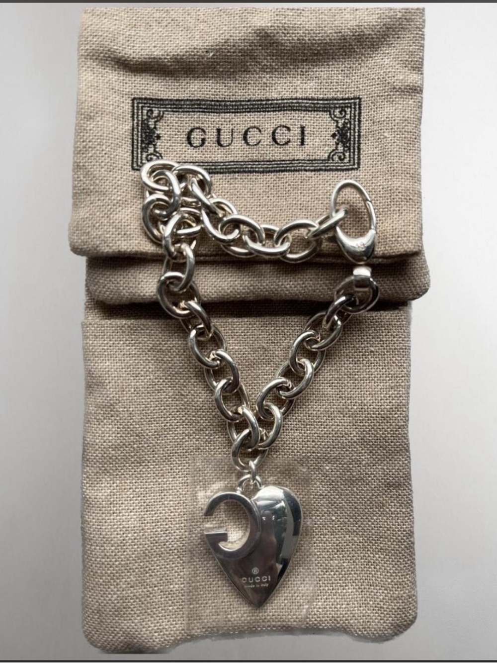 New w Box Gucci Silver G Heart Charm Chain Bracelet wrist 18cm/7.08inch